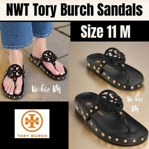 NWT Tory Burch Miller Cloud  Gold Coin Thong Sandals Perfect Black Size 11 M